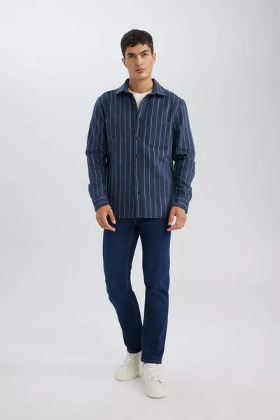 Regular Fit Polo Yaka Çizgili Oduncu Uzun Kollu Gömlek AU