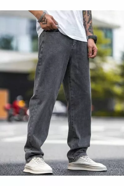 Men's Acid Wash Distressed Grey Denim Baggy Jeans