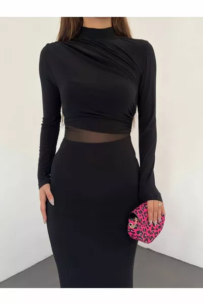 Elastisches Sandy-Gewebe Tüll Dekolleté Detail Stehkragen Langarm Midi Bleistiftkleid