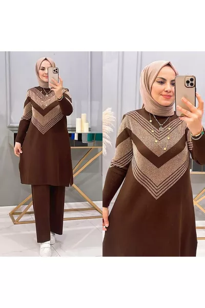 WOMEN'S LONG BICYCLE COLLAR KNIT TUNIC SWEATER WITH SELF-GLITTER PATTERN