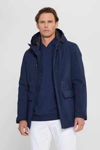 معطف رجالي كحلي بغطاء رأس وياقة مرتفعة، قياس قياسي، دافئ ومقاوم للرياح