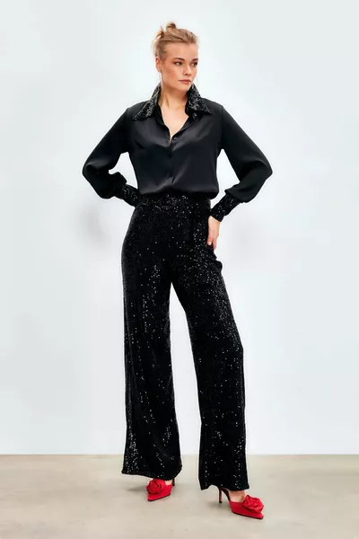 Sequined Pleated Pants - Black