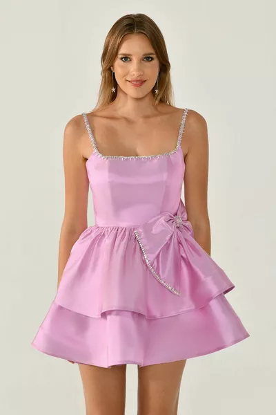 المرأة صغيرة الحجم منقوشة الشيفون النسيج مع حبل شماعات الوردي مساء اللباس والتخرج اللباس -PINK