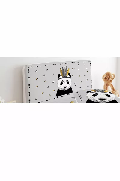 Bed Base Headboard Cover Gray Background Panda and Colorful Triangles