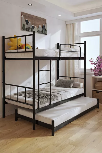 Tekno Loft Bunk Bed Compatible with Mattress, 3-Person Black Metal Bunk Bed