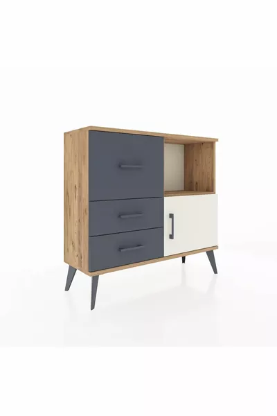 Arges Nachtkastje Met Één Plank, 3 Lades En Één Deur, Dennen-Hetsteen/Antraciet