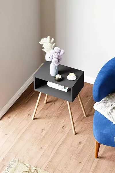 Nachttisch mit Holzbeinen und Regal - Anthrazitgrau