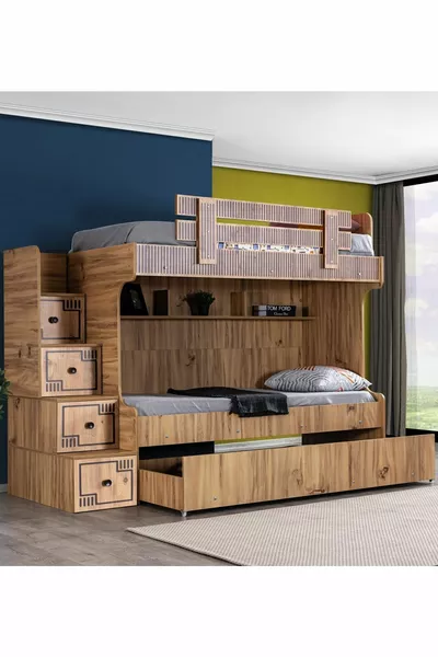 Bunk Bed, Natural Bunk Bed with 3 Comfort Mattresses