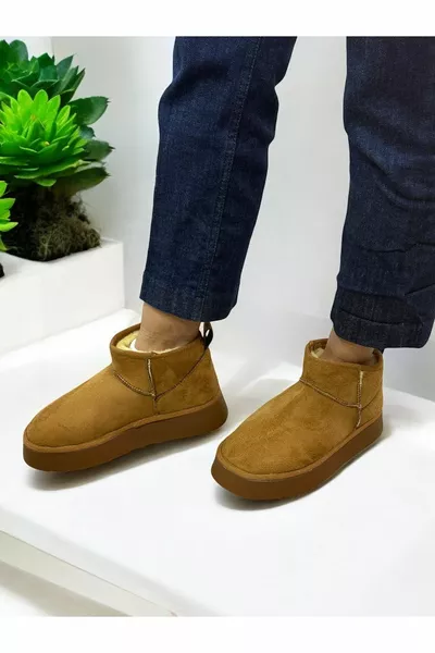 المرأة تان من جلد الغزال نصف الأحذية أفخم سميكة وحيد منصة الأحذية التمهيد