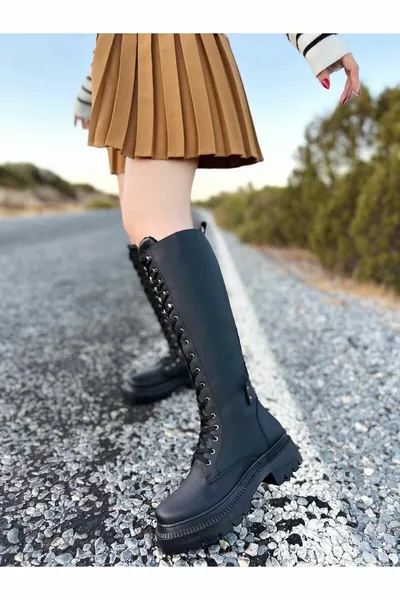 Damen Hadid Pelz gefüttert Gekapselter Haken Detaillierte Schnürung Langer Reißverschluss Extra matte Lederstiefel