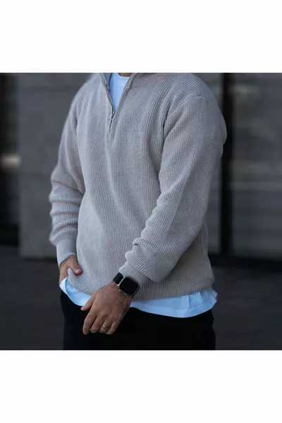 Мъжки изправена яка с половин цип бежов плетен пуловер