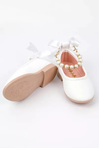 أحذية البنات مع القوس الأبيض اللؤلؤ كعب