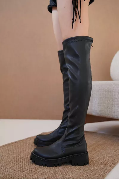 حذاء فيريتي للركبة للسيدات - جلد أسود