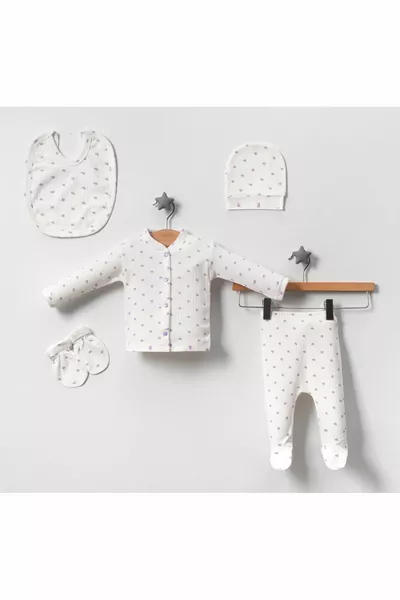 5-delige pasgeboren romper set ziekenhuis outlet geribbelde ecru stof met lila hart in dozen