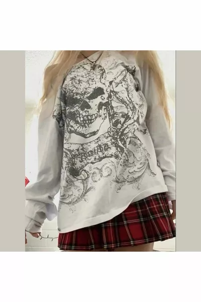 Wit schouder open schedel patroon sweatshirt met lange mouwen