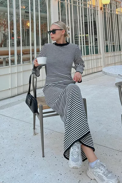 Noir Algo rayé col rond manches espagnoles femmes Midi tricot robe