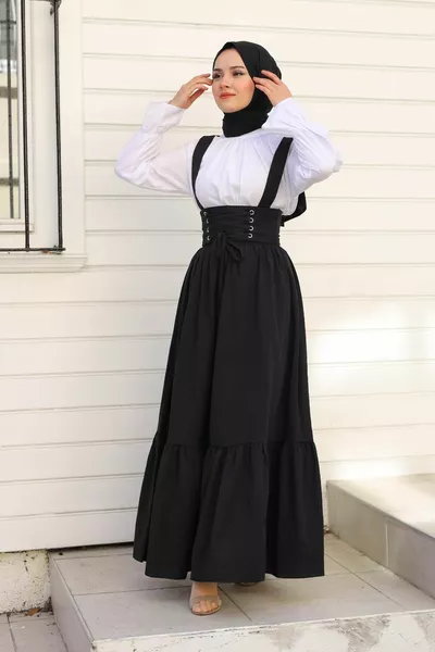 Korse Detaylı Trikoton Kumaş Askılı Jile Siyah