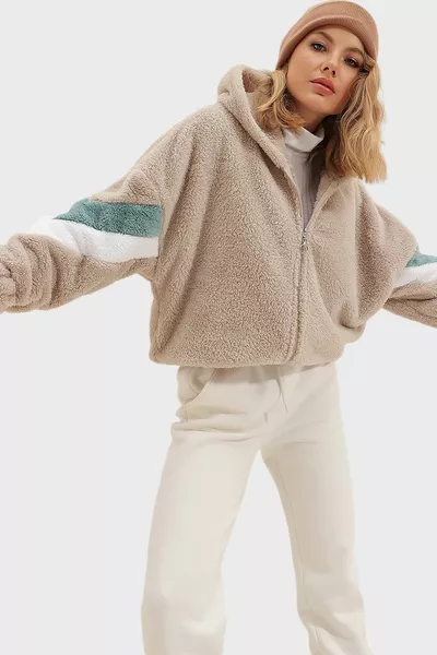Women's Beige Hooded Zippered Sleeves Color Blocked Oversize Plush Sweatshirt 