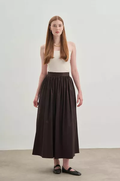 Hoge taille geplooide rok bitter bruin