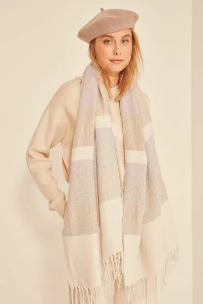  Sciarpa scialle spessa a righe miste lilla-visone con texture morbide