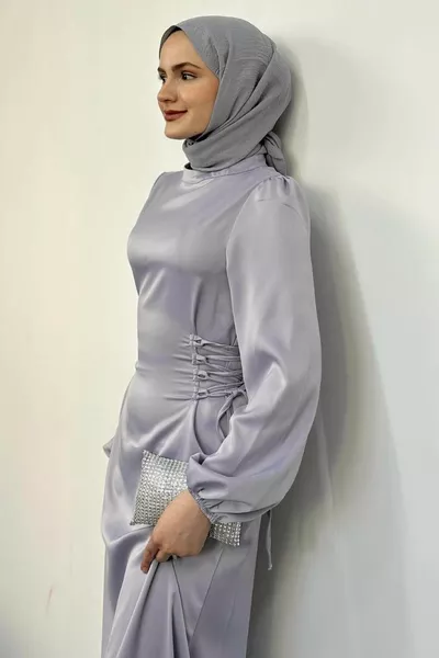 Еленор талия вратовръзка сатен хиджаб рокля сив