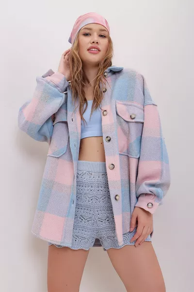 Vrouwen poeder geruite patroon stempel katoen oversized jas shirt 