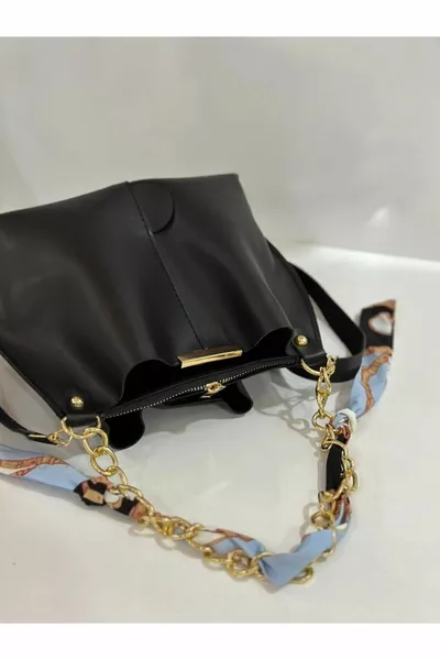 Women's Scarf Soft Leather Bag with Chain Accessories Black.
