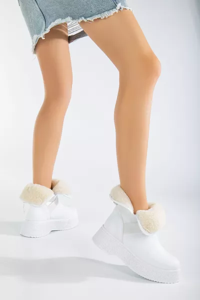المرأة الأبيض سميكة نعل الفراء داخل الكاحل مطاط الرياضة أحذية الشتاء أنيقة البريدية