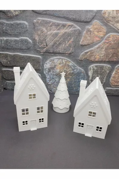 Snowflake Triple Winter Houses - 2 Christmas Houses 1 Pine Tree Concept Decorative House and Christmas Ornaments