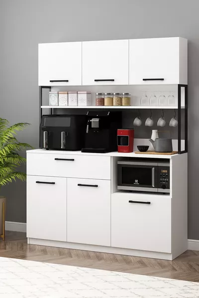 خزانة إرفين البيضاء متعددة الاستخدامات مع قلاية هواء و3 أبواب وركن قهوة