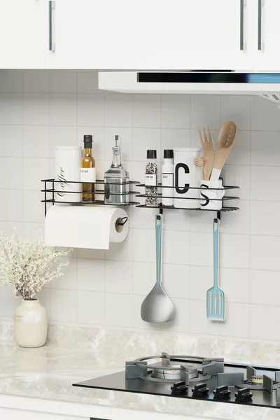 Sticky Kitchen Shelf 2-Piece Set with Paper Towel Holder Kitchen Organizer Black