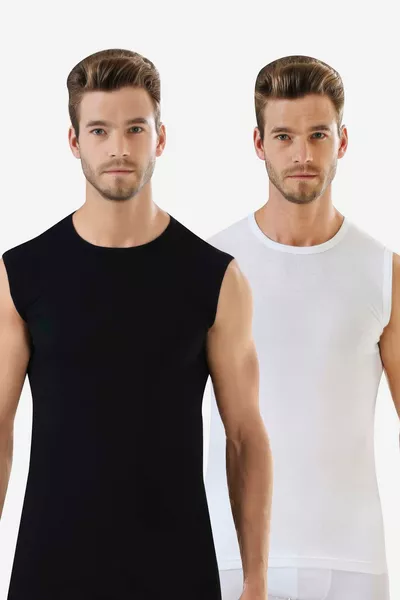Maglietta Uomo Bianca - Nera, Maniche Corte, Scollo Tondo, Canotta Senza Maniche 2 Pezzi, % Cotone