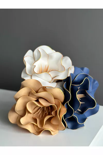 Ръчно изработени декоративни големи 3 броя изкуствени цветя от магнолия - тъмносиньо-бяло-жълто