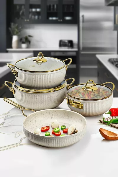 7-Piece Granite Casserole Set with Glass Lids, Ivory