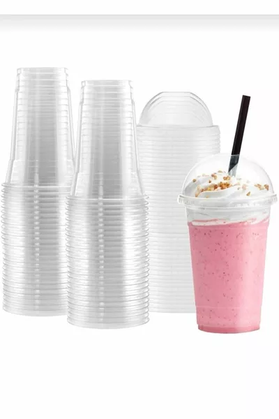  cc Plastik Pet Limonata Milkshake Bardağı  Adet Kapaklı ve Pipetli