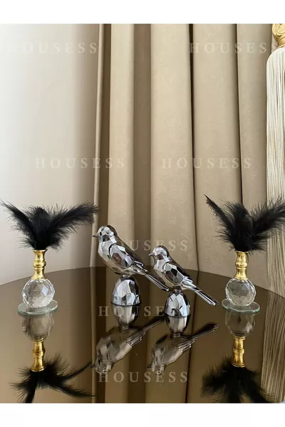 Dekoratives Set mit 2 Vögeln und 2 Einzel-Federhaltern als Figurenschmuck