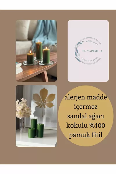 شمعة أسطوانة خضراء داكنة ٩ سم و٧ سم عطرية طويلة طقم ٣ شموع بعطر خشب الصندل