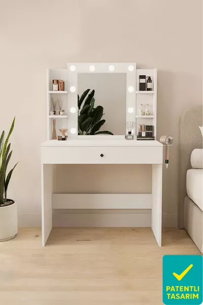 طاولة مكياج مع مرآة على طراز هوليوود مع تنظيم المجوهرات، تصميم أبيض لامع