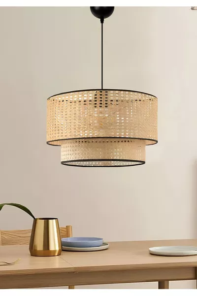 Natural Hazeran Rattan 2-Tier Cake Pendant Chandelier for Children's Room, Bedroom, Living Room, Kitchen, Hall