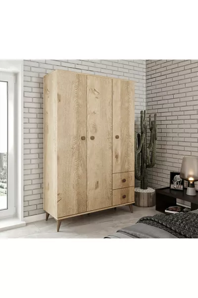 Akasya 3-Door 2-Drawer MDF Wardrobe Clothes Cabinet Oak - Fully Premium Quality MDF