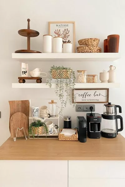 Kitchen Coffee Corner Shelf Coffee Bar Hidden Shelf 2-Piece White Wall Shelf Set