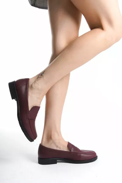 Women's Burgundy Short Heels Casual Loafer Shoes