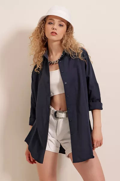  Chemise longue basique oversize - Bleu marine