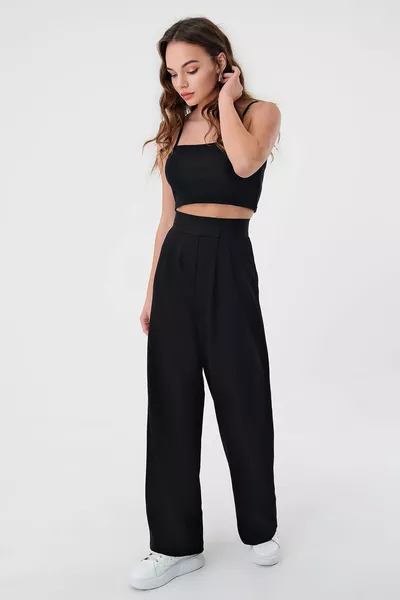 Pantaloni Palazzo in Velcro Neri A Vita Alta Da Donna