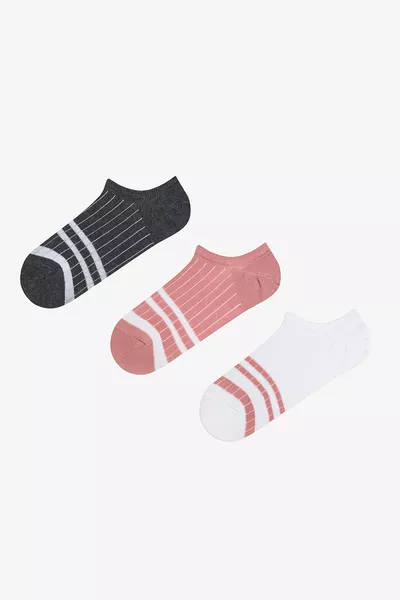 Ribbed Line Pink Gray White 3-Pack Sneaker Socks