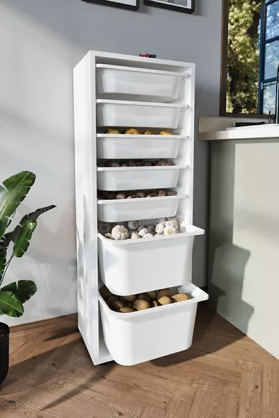 Бял шкаф Пера с 7 кошници, многофункционален шкаф за играчки