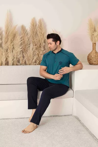 Men's Petrol Blue Short Sleeve Long Bottom Cotton Knit Summer Pajama Set
