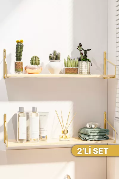 Küchenregal Wandregal Glänzende Goldbeschichtung Massivholzregal 2er-Set Luxuriöses Dekoratives Regal für Bad und Flur
