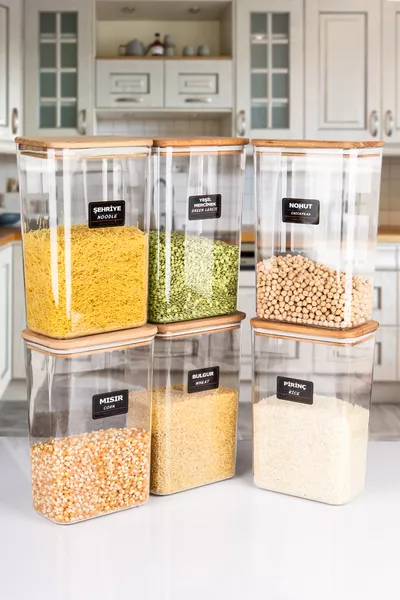 Комплект от 6 дървени буркани с вакуумни капаци от акрил за съхранение на храни, контейнер и кутия, 3 литра, етикетирани