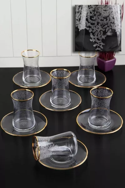 Lüx Dantel Desenli Altın Yaldızlı  Parça Çay Bardağı Takımı Çeyizlik